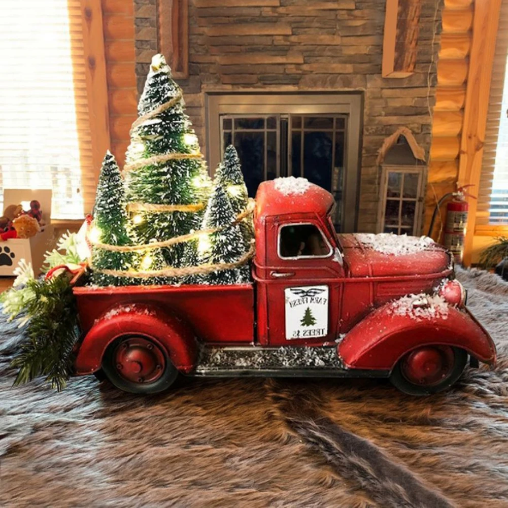 Christmas Vintage Red Truck Decorative Ornaments with Mini Tree Rustic Retro Farmhouse Decorations Crafts Holiday Xmas Party