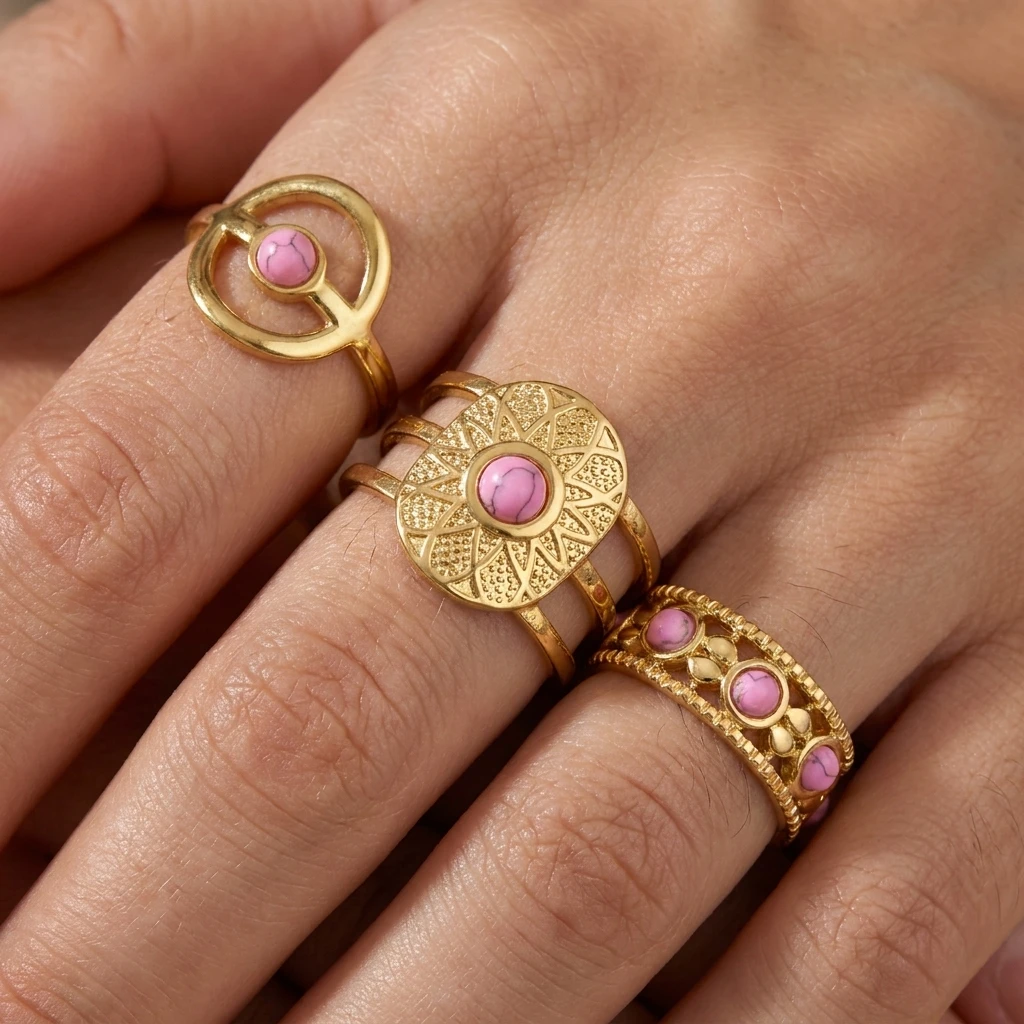 3PCS/Set French Vintage Stainless Steel Pink Turquoise Ring Set Women's Minimalist Cute Design Stackable Ring Jewelry