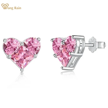 Wong rain 18K gold plated 925 sterling silver Lab pink sapphire stone love heart studs earrings for women jewelry wholesale