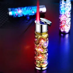 New Embossed Relief Dragon Design Torch Lighter Refillable Butane Windproof Jet Red Flame Lighter for Gifts (Without Butane)