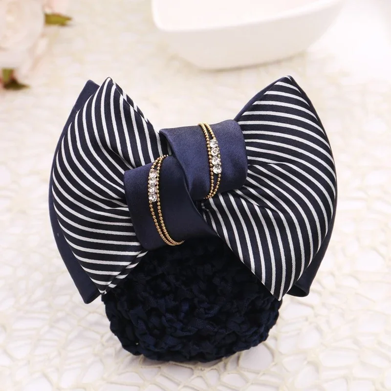 Women Professional Crystal Bow Barrette Ribbon Hair Clip Nurse Hotel Bank Stewardess Hairpin Snood Net Bun Hairgrip Accessories