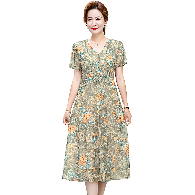 Women's V-Neck Mesh Floral Slim Dress Summer Boho A-Line Dresses Elegant Korean Fashion Beach Mid Length Female Vestidos