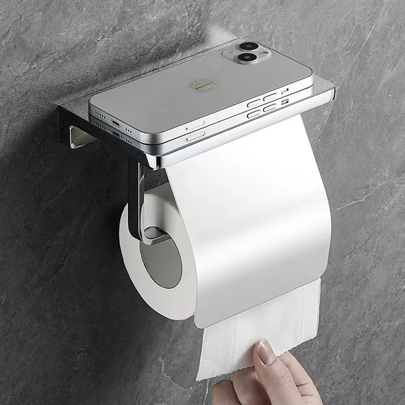 Wall Mount Toilet Paper Holder Phone Shelf Brass Stainless Steel Roll Rack Modern Bathroom Tissue Box Organizer Drilling Or