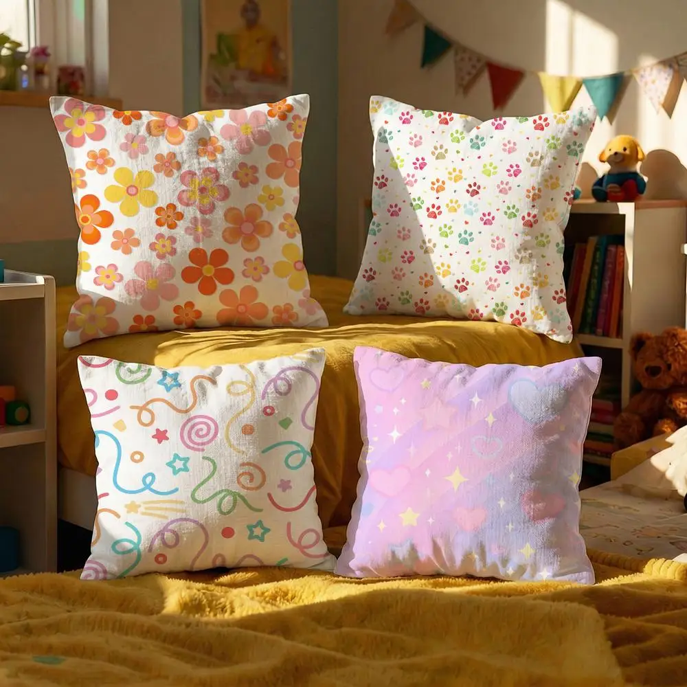 Cartoon Style Pattern Cushion Cover Set of 4 Decorative Short Plush Pillow Covers for Sofa, Soft Cushion Case 50x50 Cm