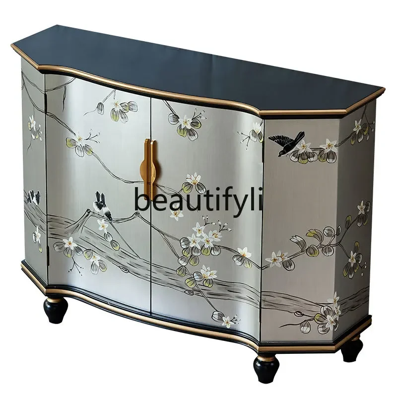 New Chinese-style American-style corridor,  entrance door, foyer, decorative  painted bird language, silver foil,shoe cabinet