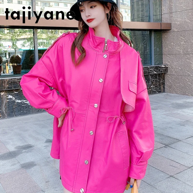 Jaqueta de couro genuíno feminino trench coat 2022 primavera outono nova solto pele carneiro moda casaco longo para mulher blusão