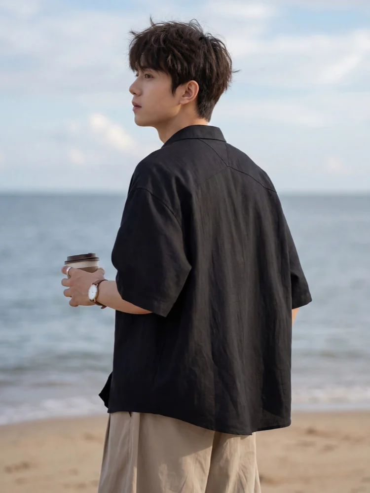 Linen Cuban Collar Short-Sleeved Shirt for Men Summer Lightweight Breathable Solid Colour Loose-Fit Drape Casual Shirt Jacket