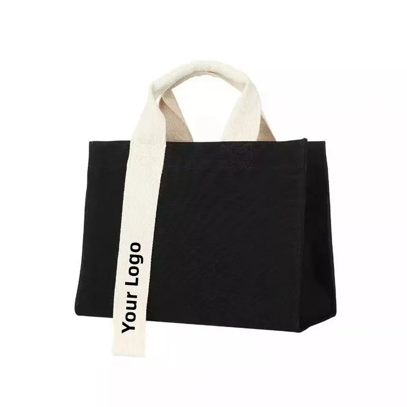 Wholesale 100PCS Black Canvas Tote Bags – Wide White Handles, Custom Logo, Small Durable Eco-Friendly Cotton Bags for Women