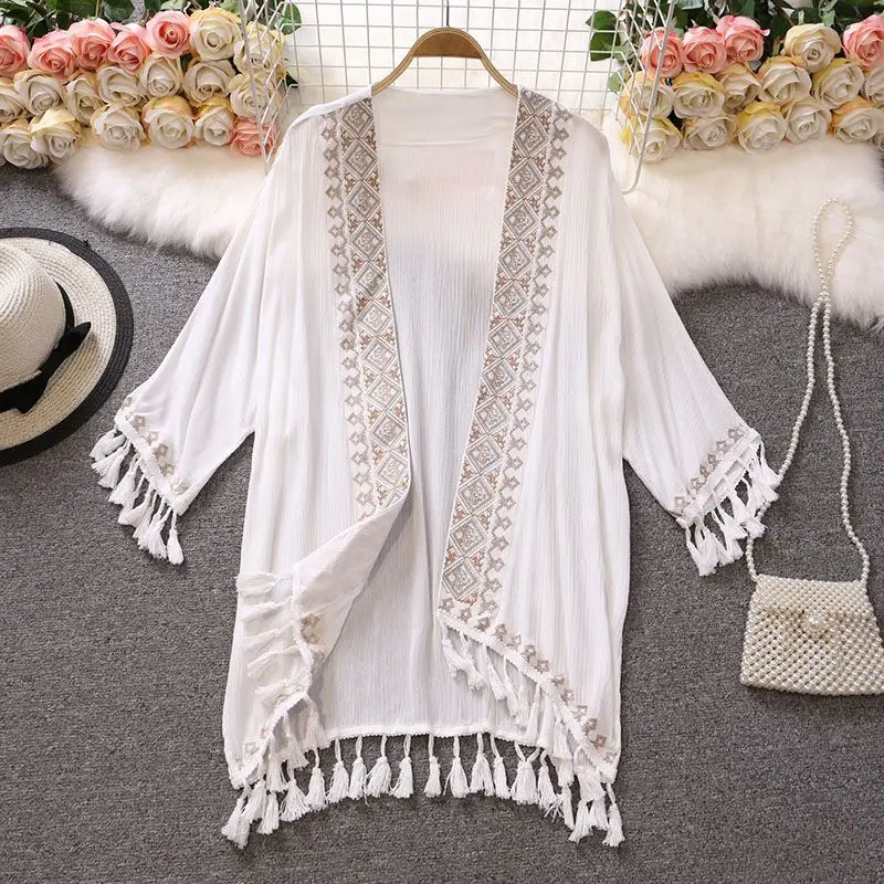 

Ethnic style embroidered sunscreen shirt beach outside with loose coat bohemian cardigan shawl