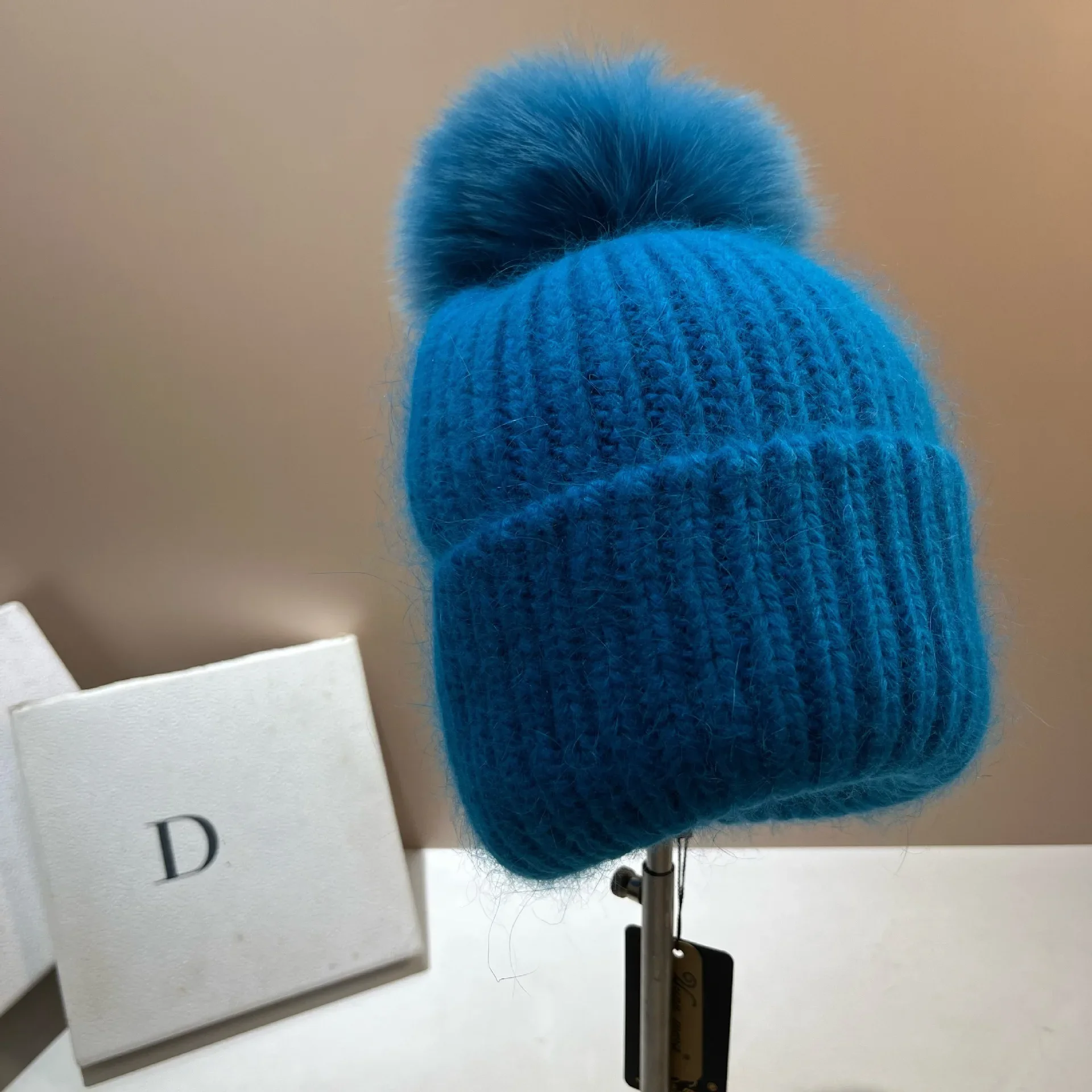 Iceland Same Rabbit Fur Knitted Beanie Hat Paris Niche Cute Big Fox Hairball Handmade Wool Hat Female