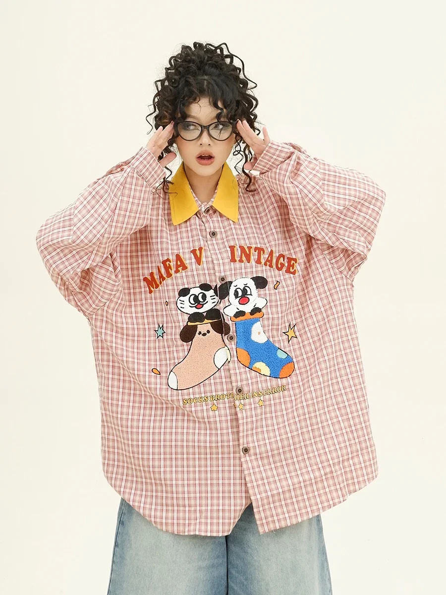 Towel Embroidered Cartoon Plaid Long-sleeved Shirts 2024 Autumn New Loose Bf American Trendy Top Women