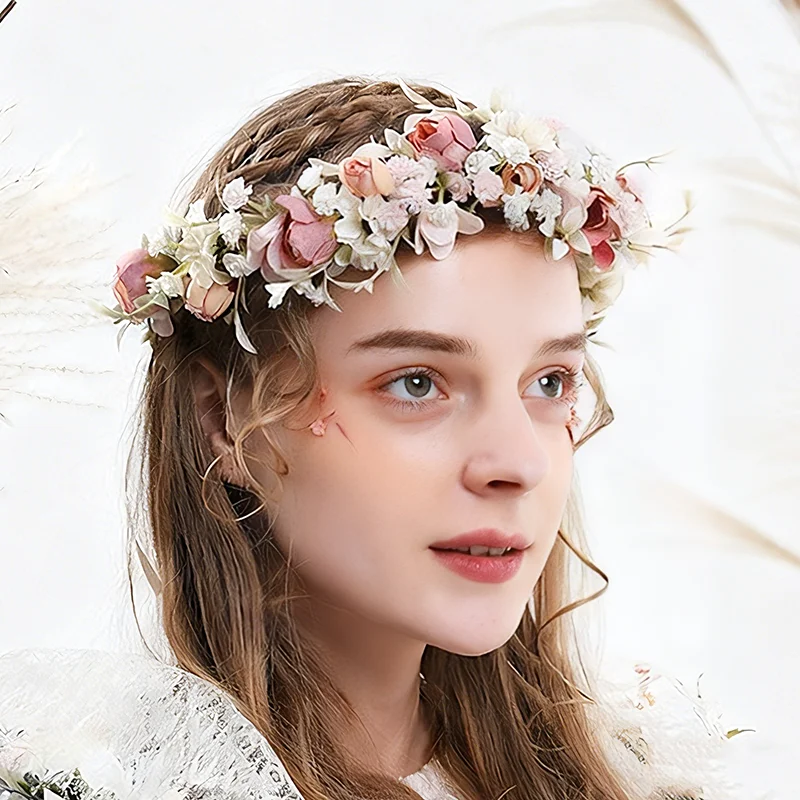 

Miallo Pink Fairy Bride Flower Wreath Headdress Handmade Artificial Rose Flower Headband For Women Banquet Birthday Accessories
