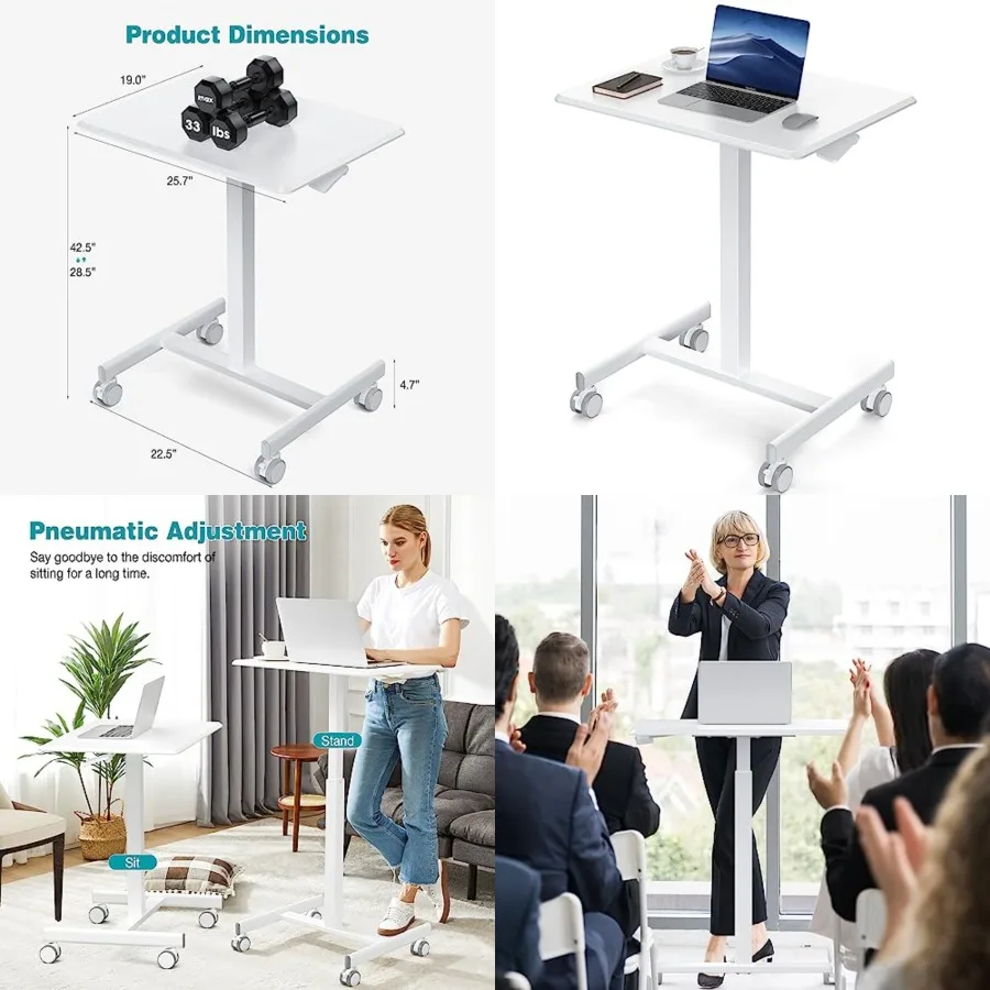 

Small Standing Desk Mobile Portable Rolling Laptop PC Table on Wheels Adjustable Height Computer Workstation for Home Office, 19 Inch, Modern White