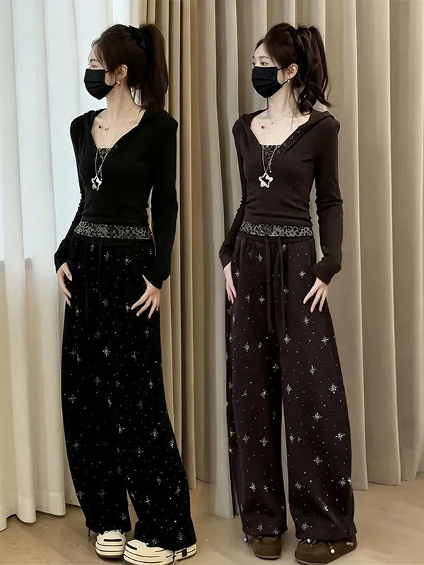 Early Autumn Women's Two-Piece Set with Hood Wide Leg Pants Long Sleeve Sparkling Drill Casual Fashion Ensemble High Waist