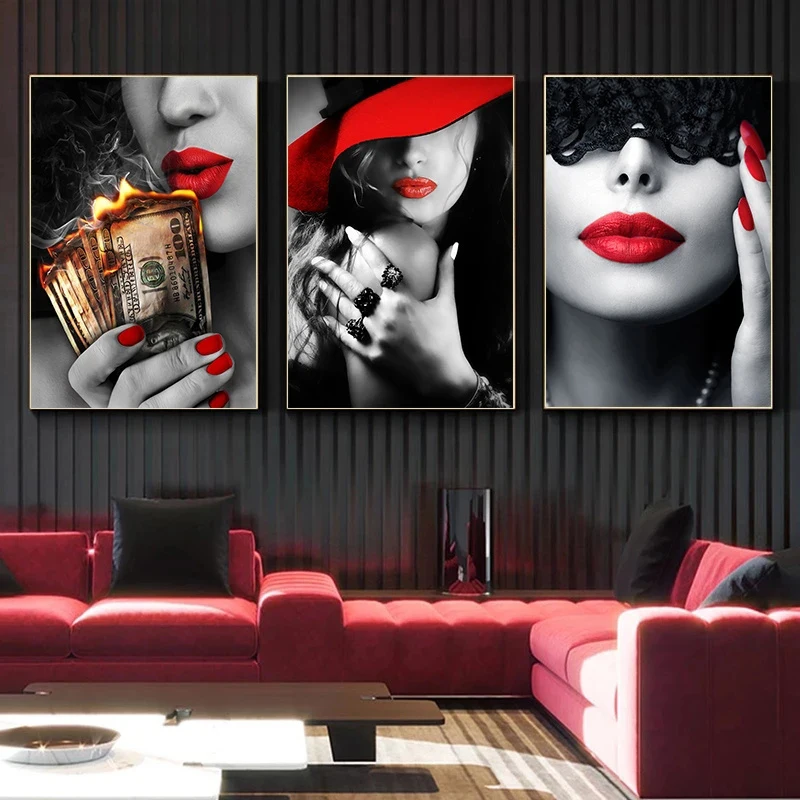 Red Lips Sexy Woman Canvas Painting Fashion Girl Babes Wall Art Pictures Modern For Home Living Room Wall Decoration Frameless