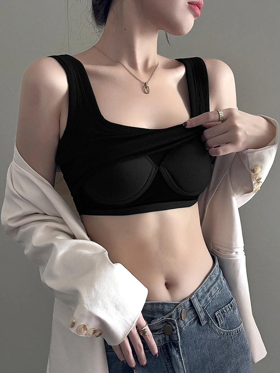 Black Square Collar Strap Vest Women's Inner Wear Spring Summer New Wide Shoulder Strap Integrated Chest Pad Outerwear Base S...