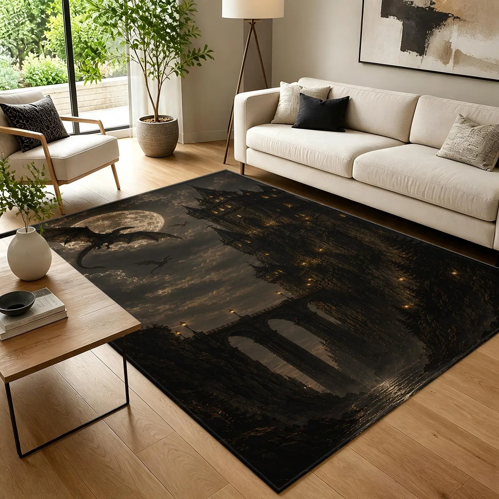 1pc 2D Flat Dark Medieval Castle Flying Dragon Full Moon Printed Floor Mat, Decorative Rug for Living Room, Bedroom, Home