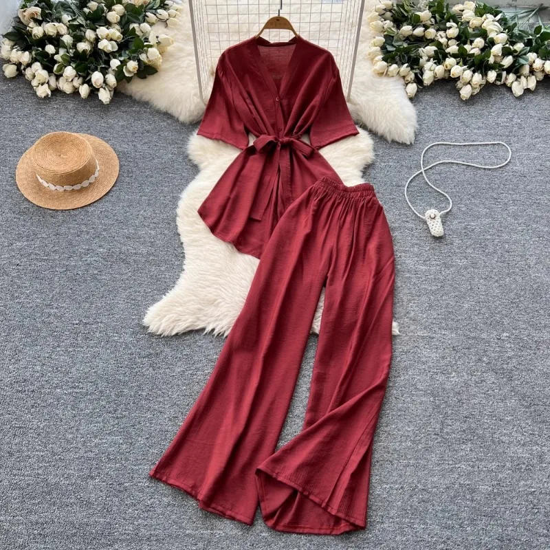 

SuperAen Women's Summer Design Strap Waist Short Sleeve Top High Waist Loose Wide Leg Pant Sets