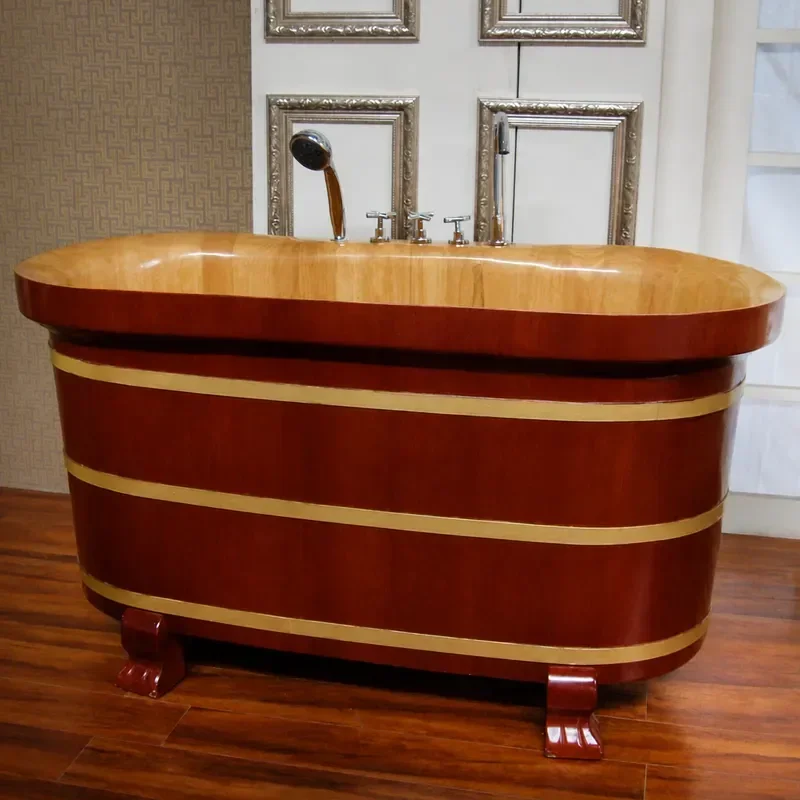 Carved Oak Wooden Bathtub with Feet Solid Wood Adult Bath Tub Household Barrel Spa Soaking Tub for Home Bathroom Use