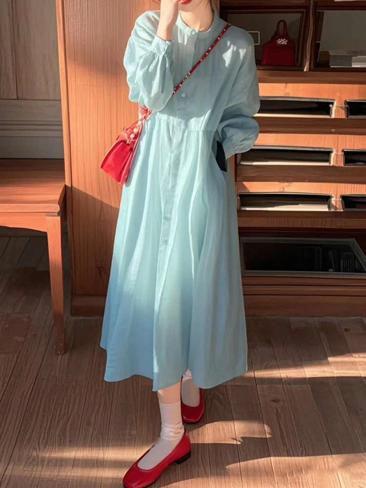 

Blue Long Sve irt Dr, женская одежда в Корейском стиле из шелкового материала, весенняя модная трендовая одежда Dopane, корейская версия