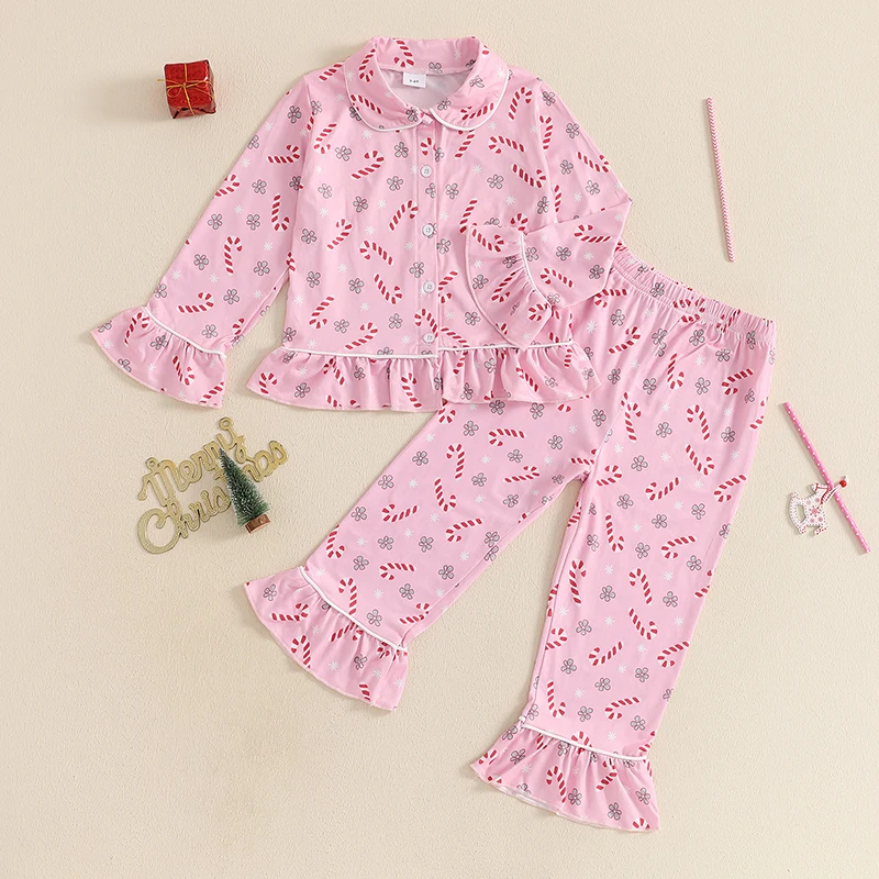 Children Kids Baby Girls Christmas Pajamas Sets Tree/Candy Cane/Bow Print Shirts Tops Long Pants 2 Pieces Lounge Suit Sleepwear