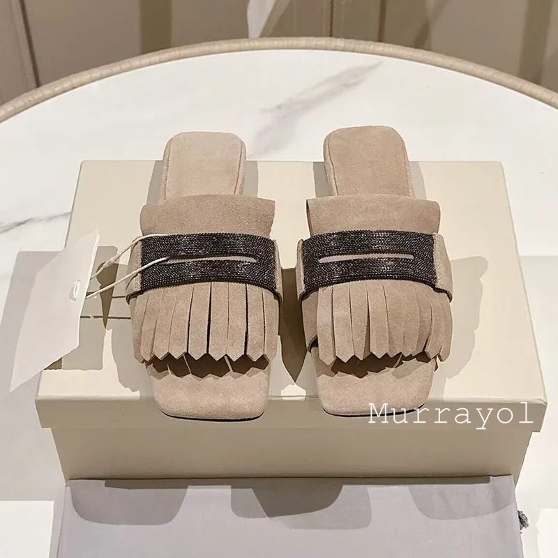 One Strap Tassels Design Flat Bottom Slippers Women Square Toe Cow Suede String Bead Decor Slippers Summer Vacation Shoes