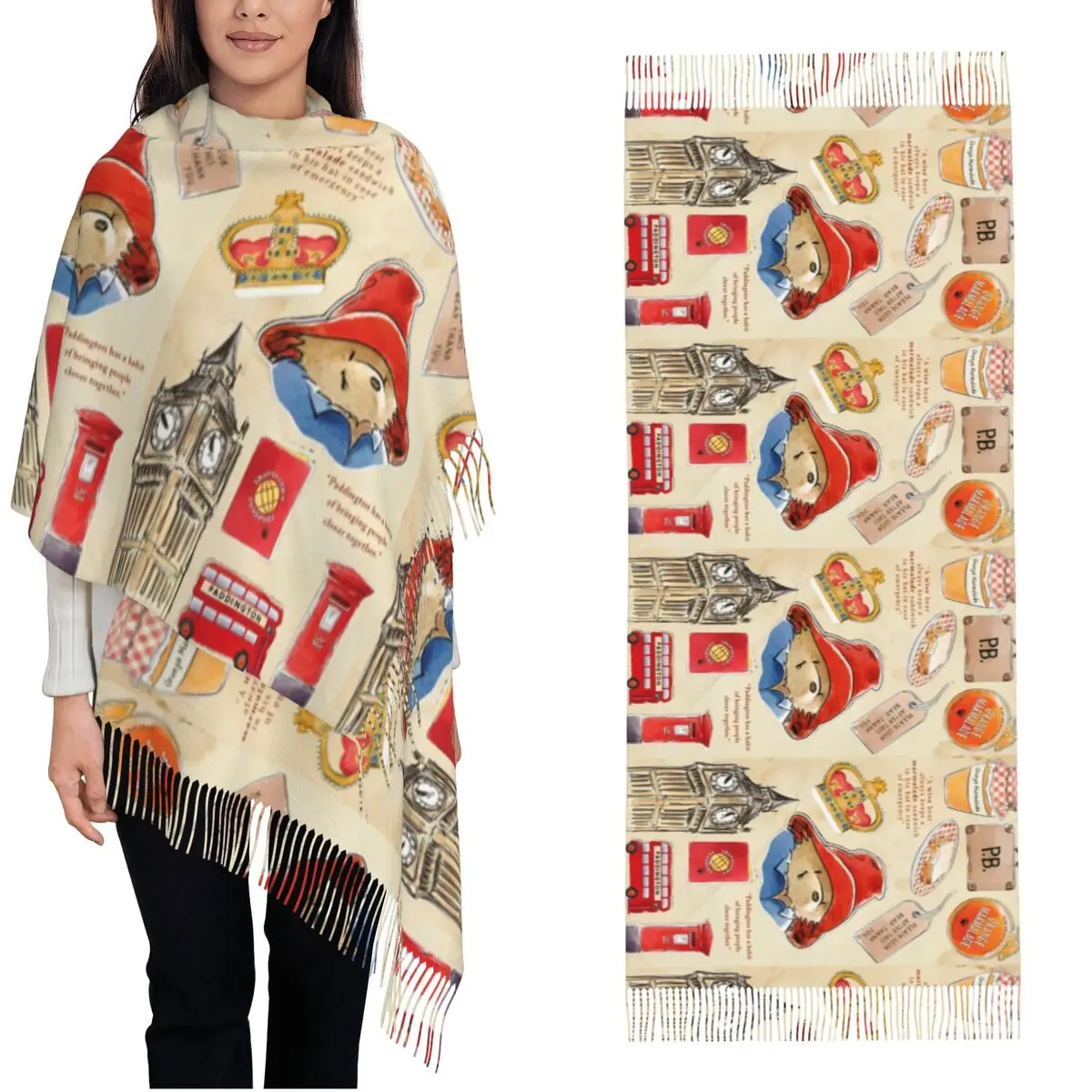 Britain Paddington Brown Bear Scarf Women Winter Warm Pashmina Shawls and Wrap Cute Movie Cartoon Long Large Shawl Scarf Ladies