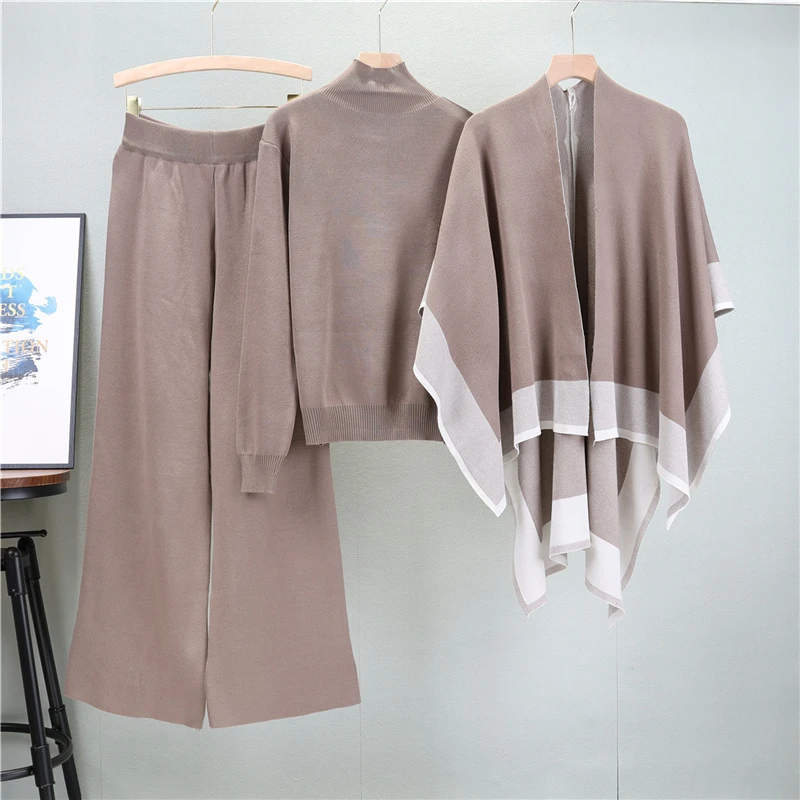 Women Auutumn Winter 2023 Elegant Pullovers Trousers Set Warm Sweaters + Wide Leg Pants+Color matching shawl 3 Piece Set
