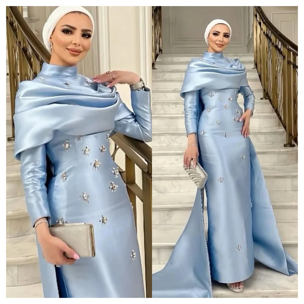 فستان سهرة من الساتان الأزرق الرقيق حسب الطلب، خط عنق عالي رائع قبالة الكتف وأكمام طويلة، فستان حفلات ناعم Pr #4