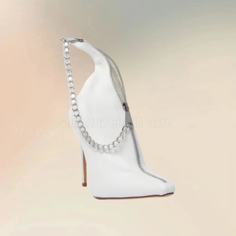 

Metal Chain Zipper Black Pointed Toe Ankle Boots Front Zipper Women Shoes Thin High Heels Party Banquet 2026 Zapatos Para Mujere