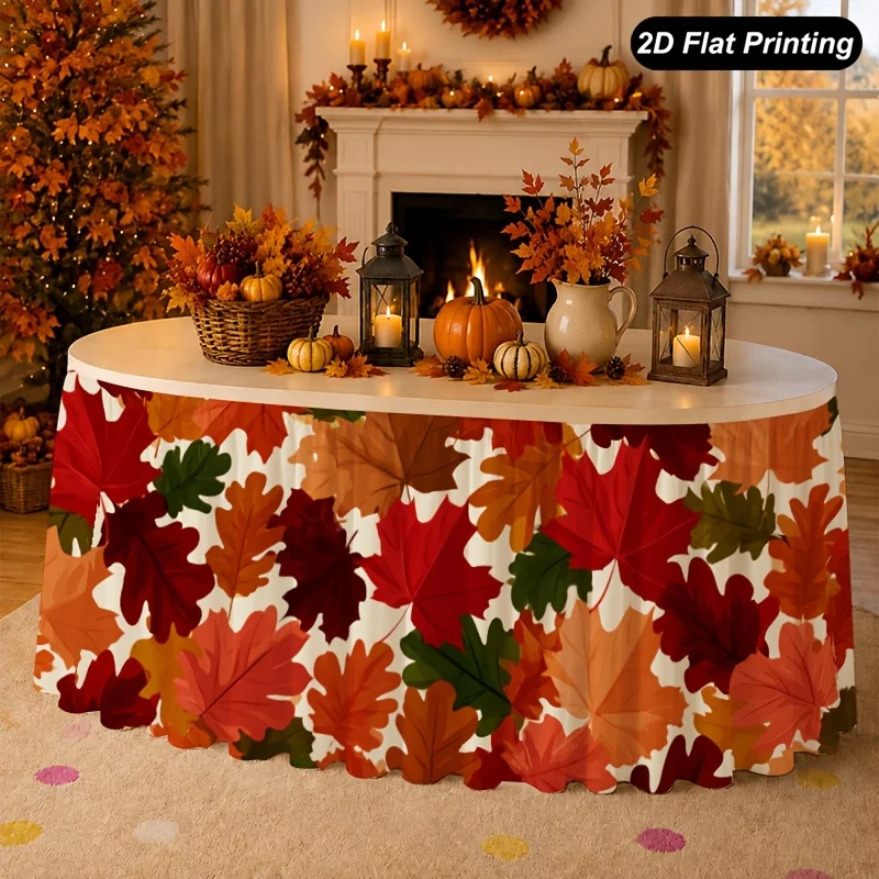 A 2D flat autumn tablecloth featuring maple leaves, perfect for the family kitchen.