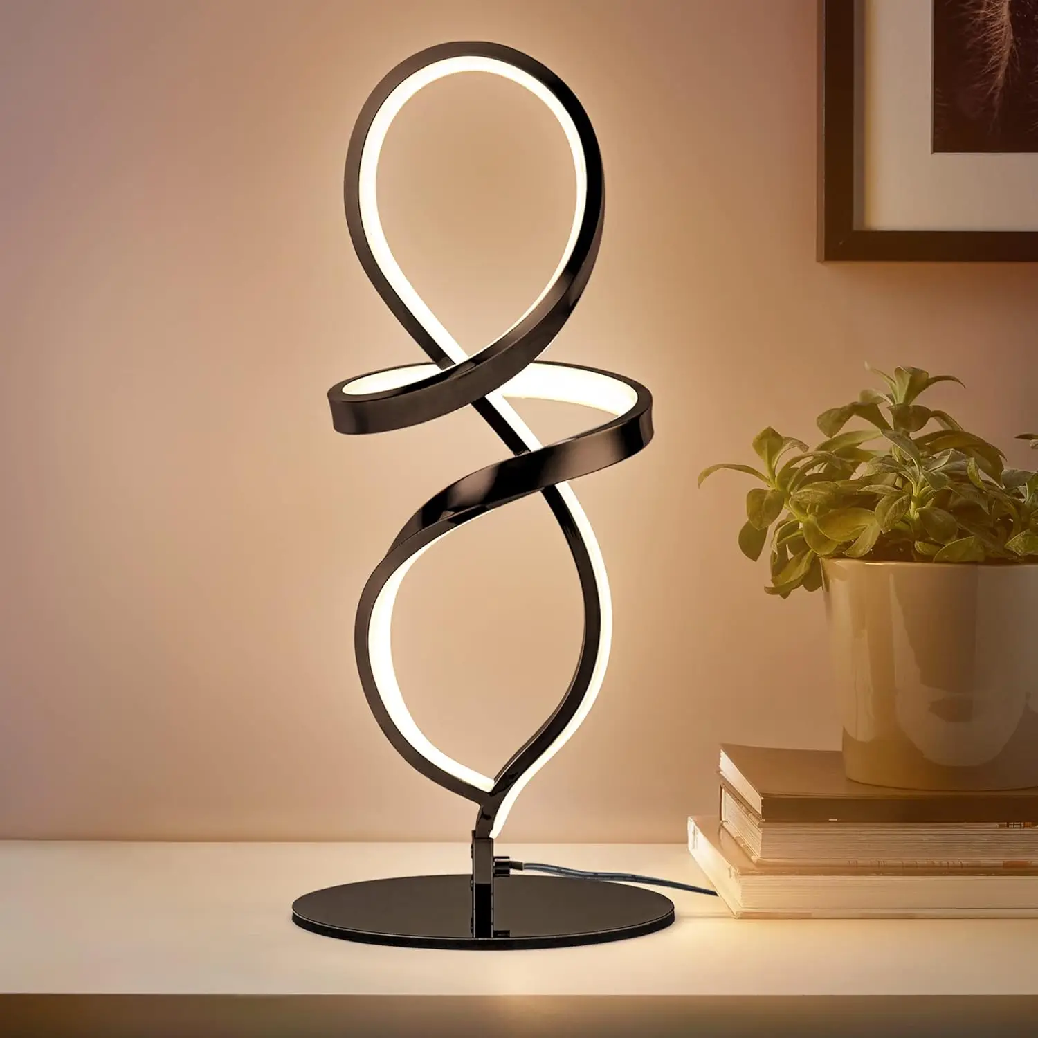 

Modern LED Spiral Table Lamp, Stepless Dimming, 12W 3200K Warm White, Black Bedside Lamp for Bedroom, Living Room, Home Office