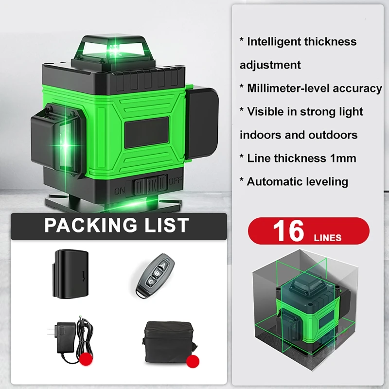 

Remote Control Laser Level 8 12 16 Line Green Beams Laser Horizontal Vertical 360° Self-leveling High Precision Automatic Line