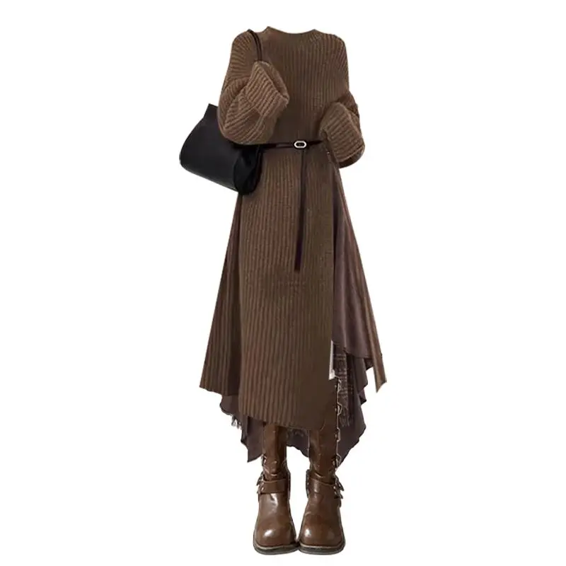 

Autumn and Winter Temperament Elegant Wear Women's High-end Sense Retro Knitted Sweater with Lace Splicing Skirt Two-piece Set