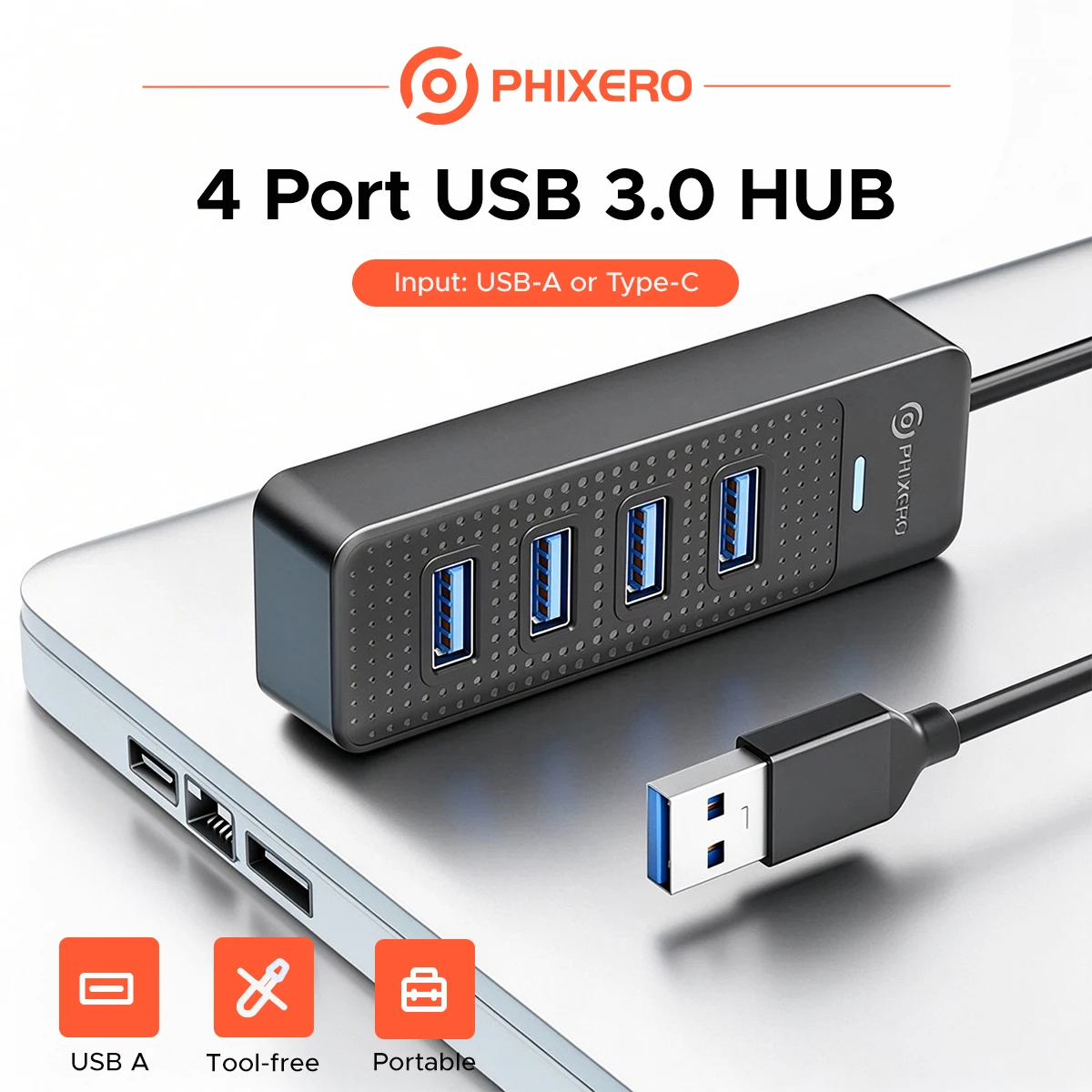PHIXERO 4 Port USB3.0 HUB 5Gbps USB Splitter Multi Port Expander for Laptop PC Desktop PS4 PS5 HDD USB Flash Drive