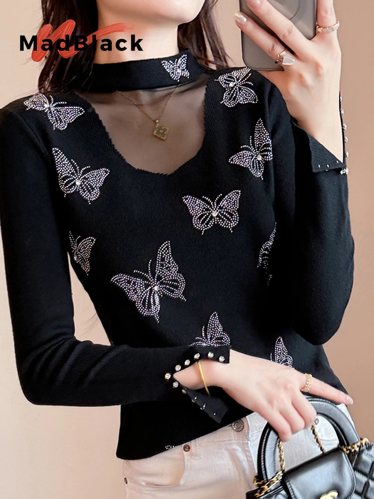 

MadBlack-женский европейский свитер, сексуальный пэчворк с воротником-стойкой и бриллиантами, модный тонкий трикотаж с длинными рукавами, новинка зимы 2025 T5O012CC
