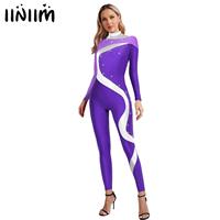 Womens Metallic Rhythmic Gymnastics Figure Skating Ballet Unitards Jumpsuit Long Sleeve Athletic Ballet Dance Bodysuit Costume