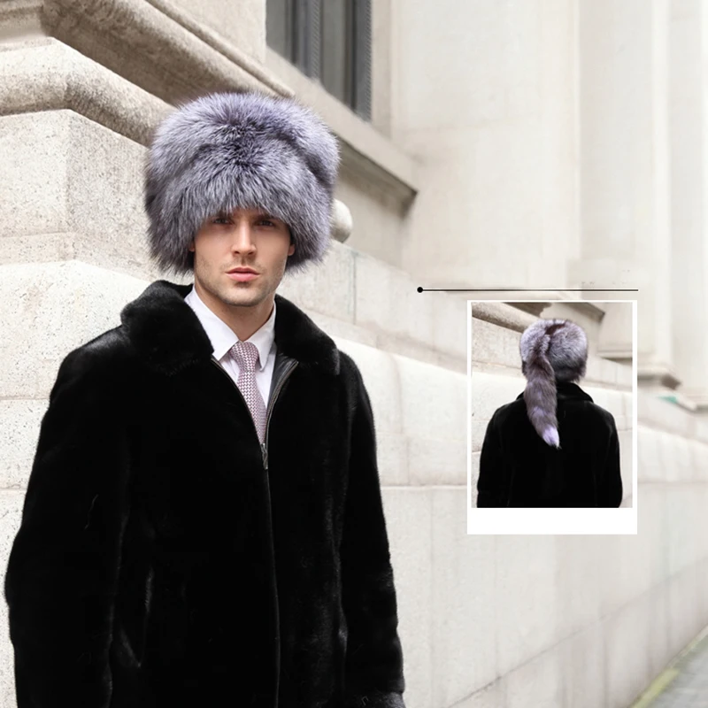 

Men Real Fox Fur Beanies Hat Mongolian Hat Unique Process Fox Tail Design Luxury Winter Warm Hats For Fashion Men Bomber Hat