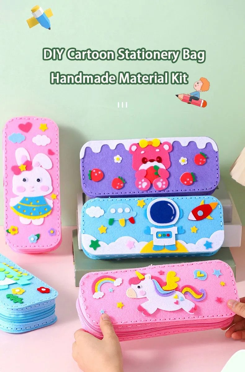 Nähen für Kinder, Schreibwaren-Tasche, handgefertigte Material-Sets, niedlicher Cartoon-Vliesstoff, Schnürung, Federmäppchen, Basteln für Kinder, Kleinkinder – Detail 1