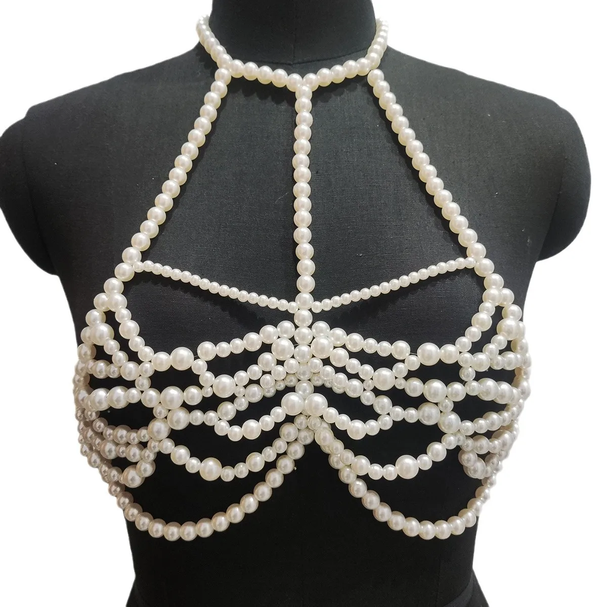 European Evening Party Breast Chain Handmade Hollow Sexy Woven Plastic Pearls Vest Camis Dress Decoration Tops  Body Jewelry