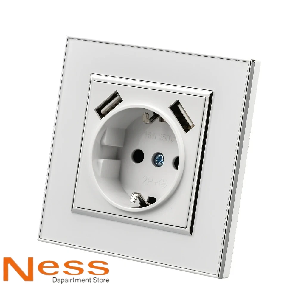 NESS مرآة أكريليك 2 USB مقبس الحائط الأبيض مع منفذ كهربائي قياسي الاتحاد الأوروبي التوصيل الأرضي مقبس الطاقة مثبطات اللهب #1