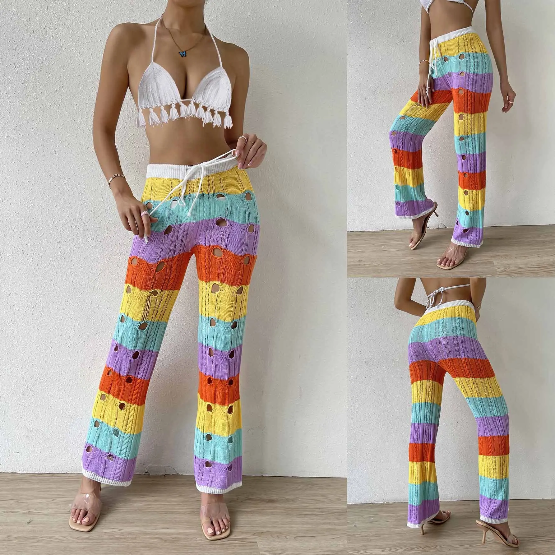 

Новые полые вязаные пляжные брюки Rainbow Intercolor