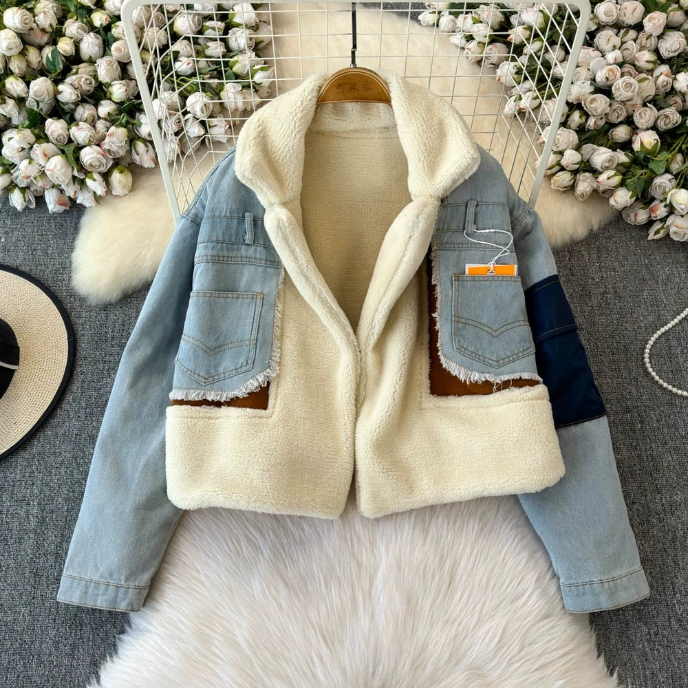 Women Winter Lamb Wool Thick Denim Coat Match Color Loose Ladies Short Winter Outwear