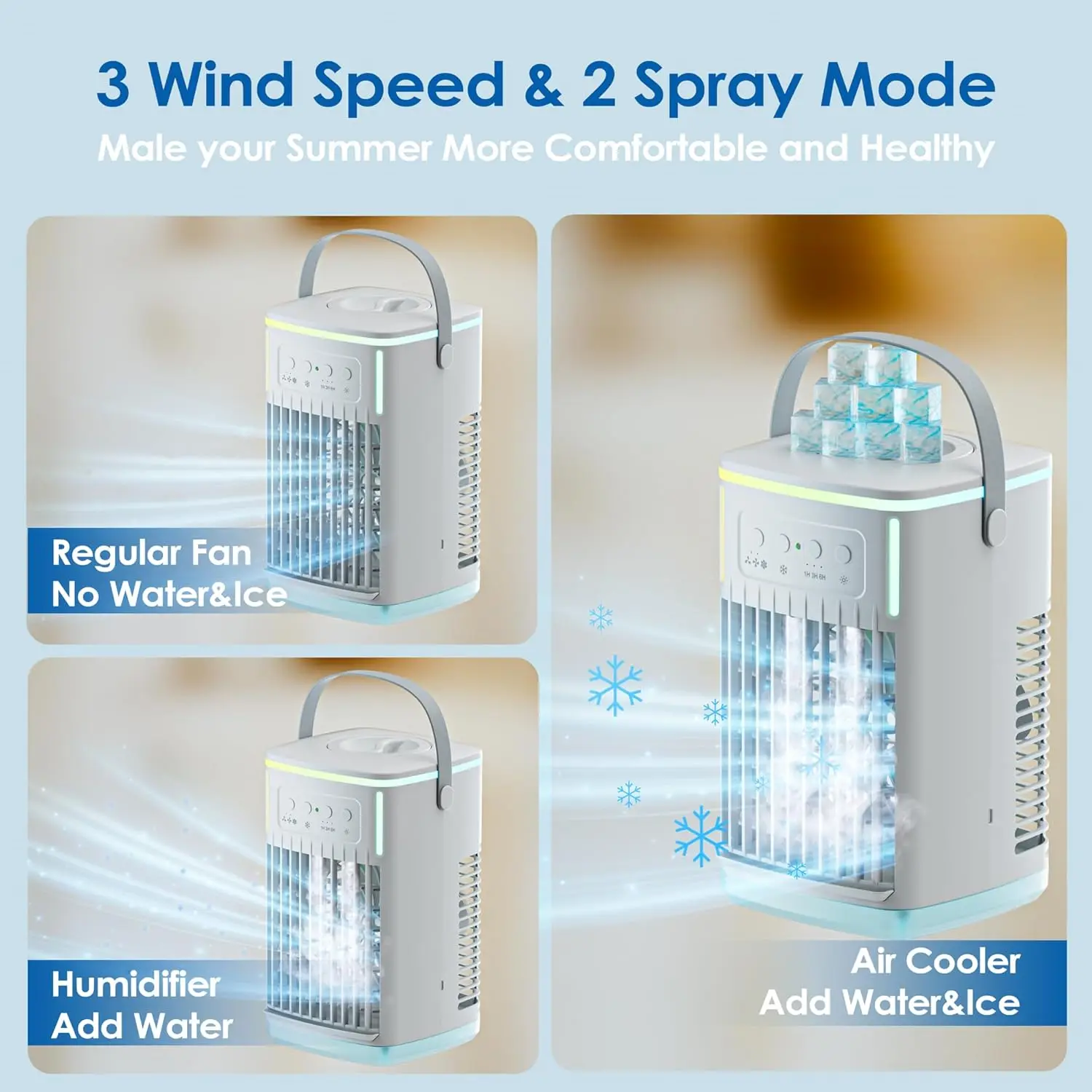 Portable Air Conditioners Fan,1500ML Evaporative Air Cooler Dual nozzle Mini Air Conditioner with Remote, 3 Wind Speed & 7 LED L