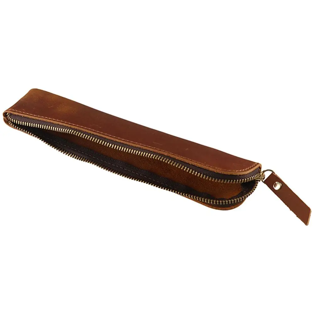 Zipper Cowhide Pencil Case Pencil Holder Handmade Pen Protective Bag Leather High-end Pen Sleeve Pouch Stationery School