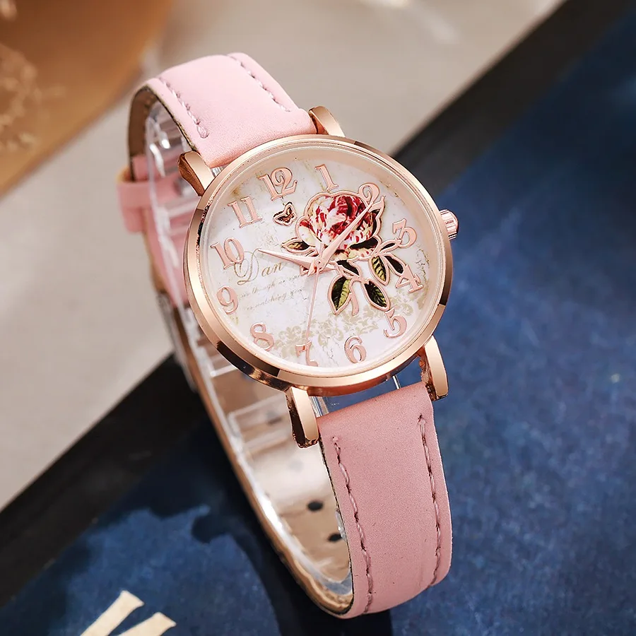 New Fashion Woman Luxury Flowers Leather Watch Women Retro Wrist Watches Students Casual Quartz Watches For Gifts Reloj Mujer