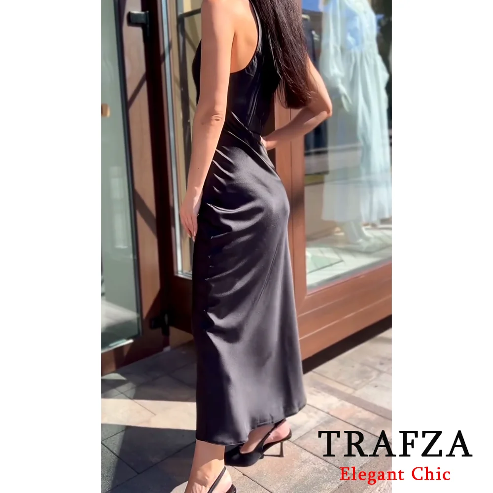 TRAFZA Fashion 2024 Spring Autumn Solid Stain Midi Dress Backless Long Dress Elegent Party Evening Dress