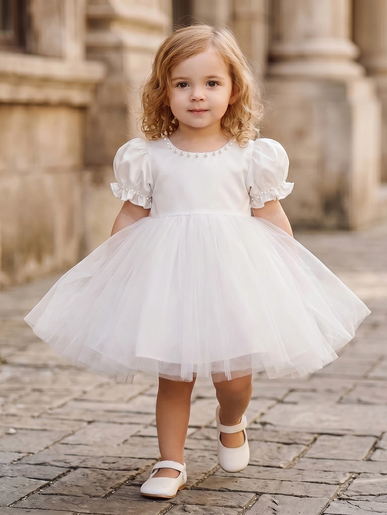 Baby Girls White Short Sleeve Pearl Bow Tulle Dress With Puffy Sleeves Elegant Christening Baptism Event Celebrat