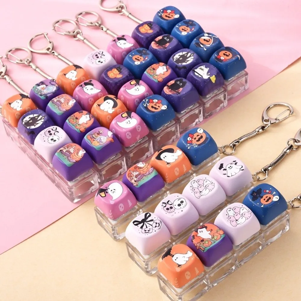 Plastic Keyboard Fidget Keychain Cartoon Pattern Halloween Theme Light Up Keychain Keyring Attachment Light Up Pressable Key