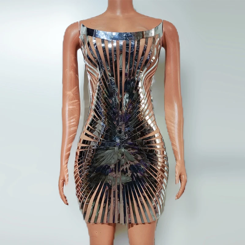 

Silver Mirrors Laser Festival Dress Women Party Evening Dresses Bar Ds DJ Gogo Dance Costume Stage Performance Outfit XS9088